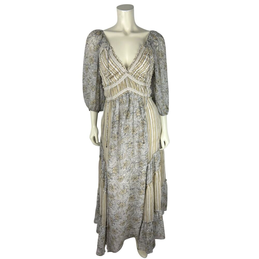 NEW Free People You're a Jewel Maxi Dress Size S Floral Stripe Print Puff Sleeve